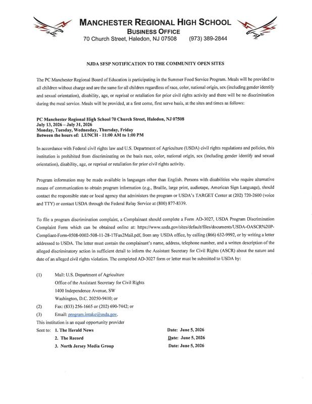 Legal Notice - NJDA SFSP Notification to the Community for Open Sites
