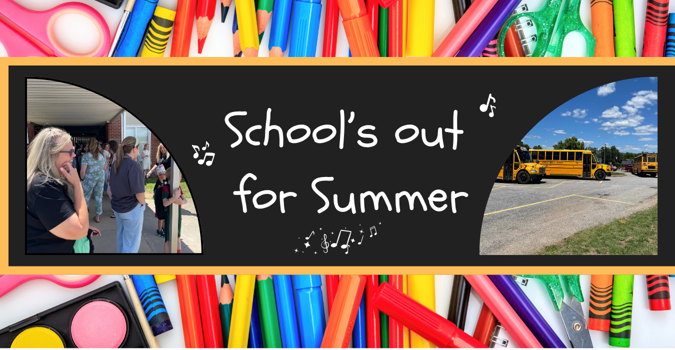 A colorful collage celebrating school&rsquo;s summer break with students and school buses.