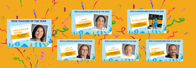 Graphic with photos of six individuals in a festive background