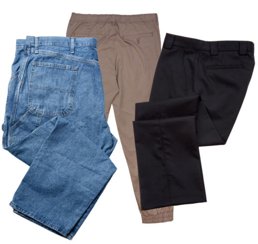 Khaki, black, and jean pants