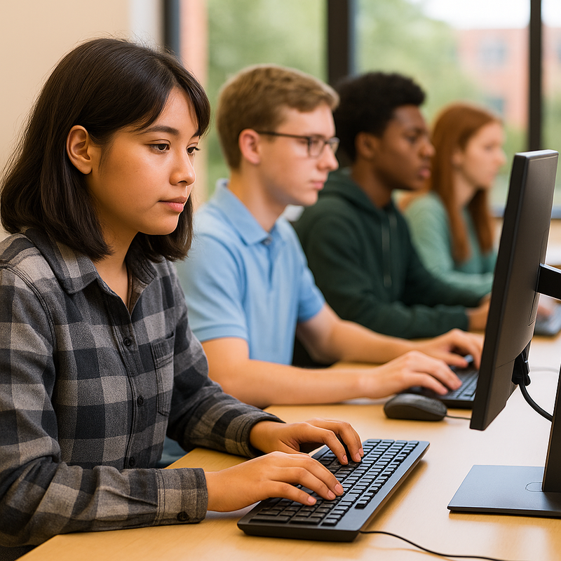 Photo of a group of students testing at computers