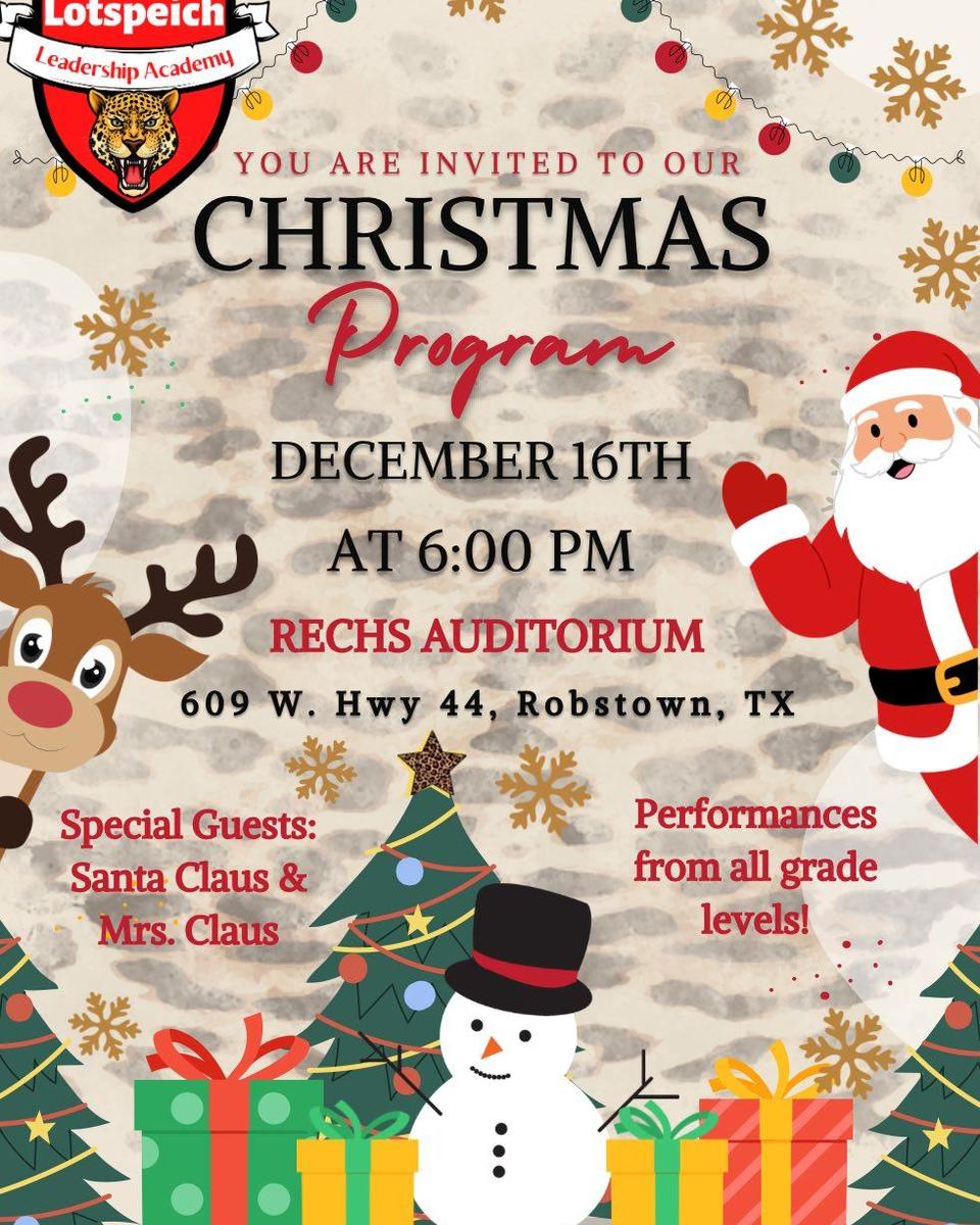 Festive holiday program invitation featuring Santa, a reindeer, and decorative elements.