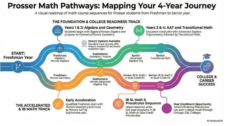 Infographic explaining the sequence of math courses at Prosser.