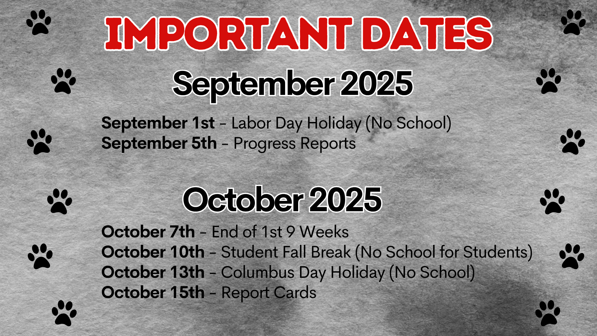 Important dates for September and October 2025 with school holidays and events.
