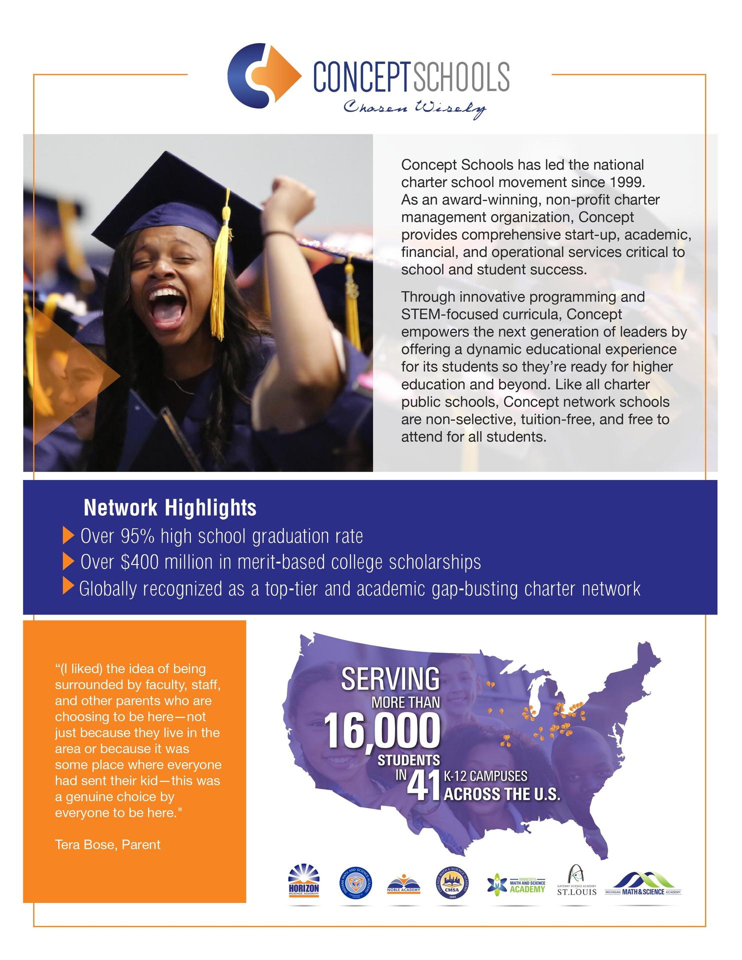Through its STEM-focused and college-preparatory model, Concept Schools supports teaching and learning to and through college.