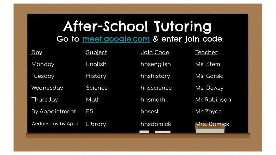Afterschool Tutoring Schedule