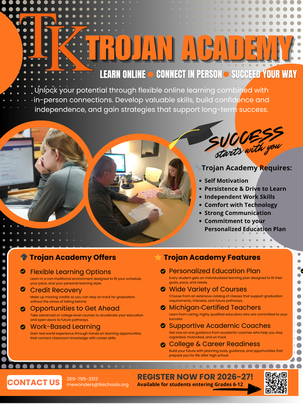 Flyer gives information about enrolling in the Trojan Academy.