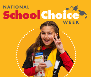 National School Choice Week Girl holding up peace sign with yellow scarf