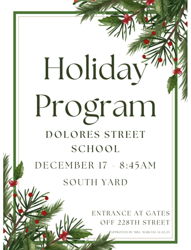 Holiday Program Dlyer with pine tree leaves Dec 17th 8:45 am