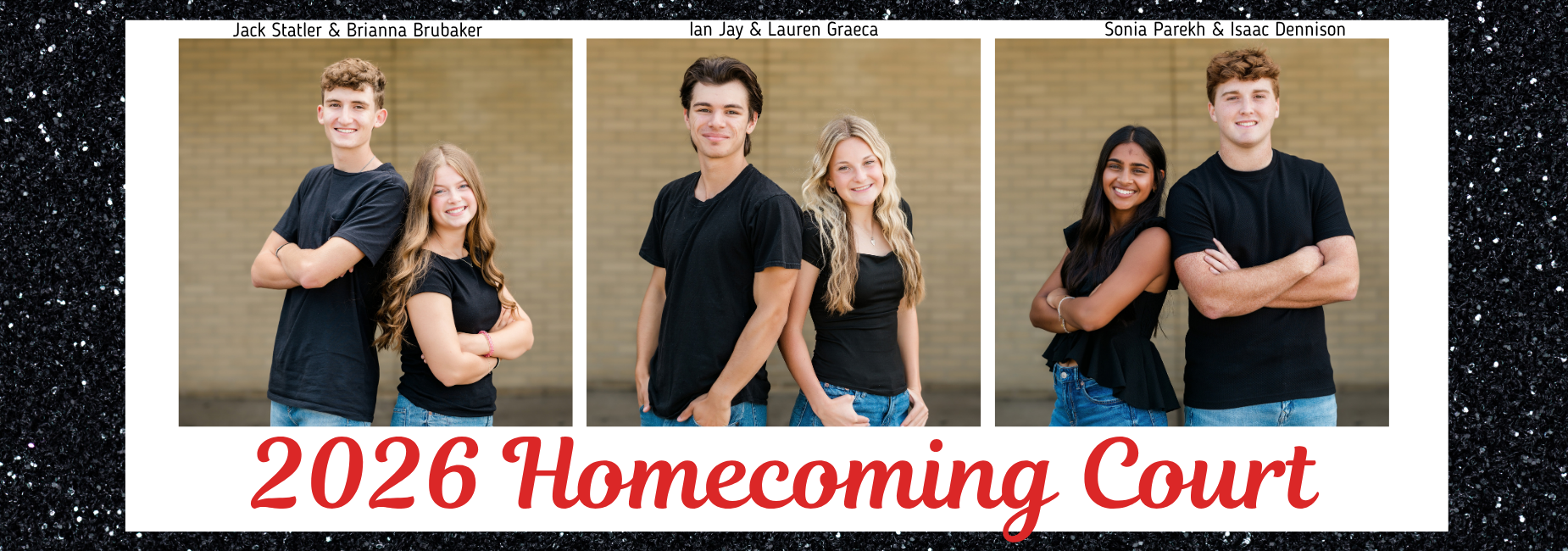 A duo and pair of students standing confidently in black shirts for the 2026 Homecoming Court.