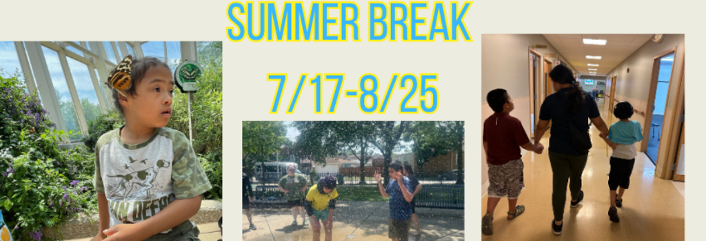 Child observing nature in a garden, summer break dates, and kids walking in a hallway.