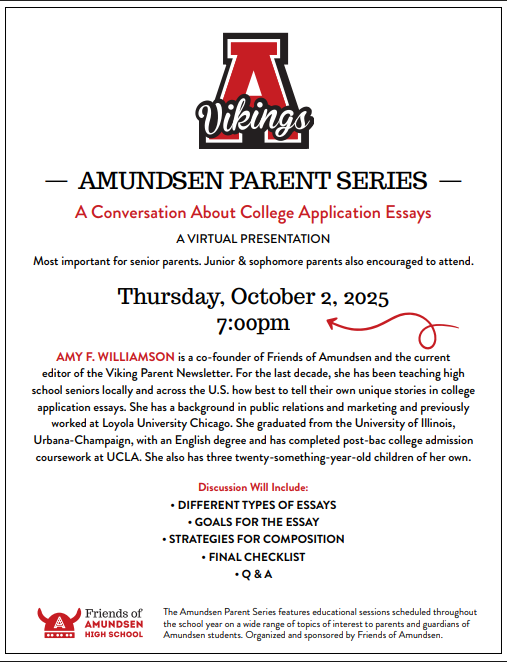 A Conversation about College Essays A VIRTUAL PRESENTATION BY Amy F. Williamson Thursday, October 2, 2025 at 7 PM  Click to Join Zoom Meeting Featured Photo