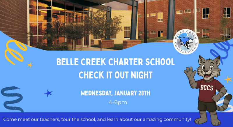 BCCS in the background and a wildcat mascot with information about check it out night