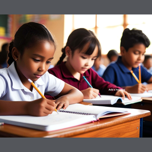 Three schoolchildren focused on writing in notebooks at their desks.