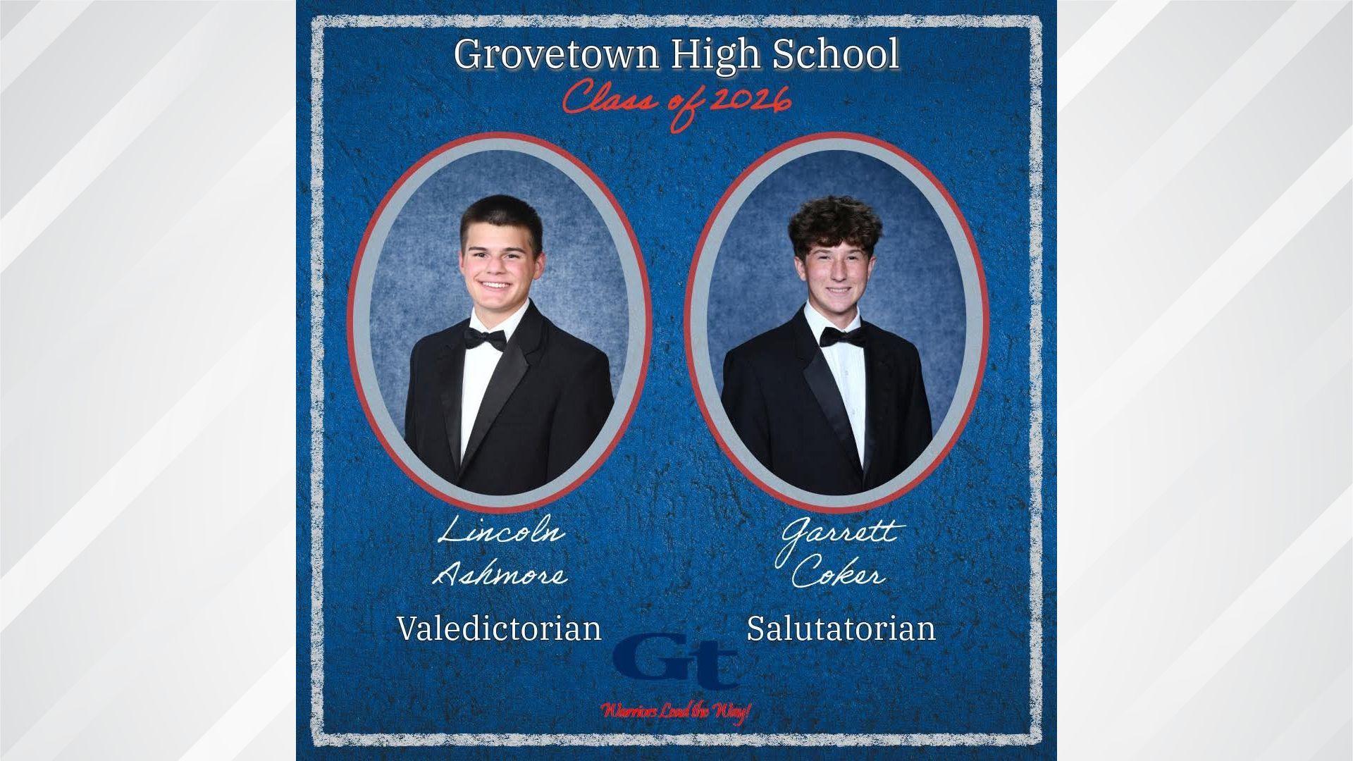 Two male students in tuxedos, identified as Valedictorian and Salutatorian.