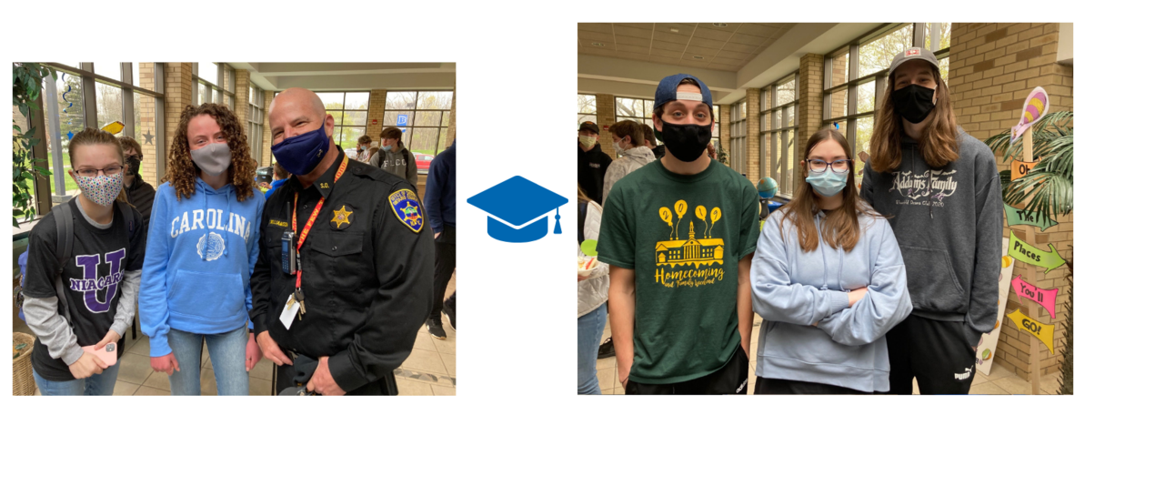 groups of students smiling wearing college sweatshirts