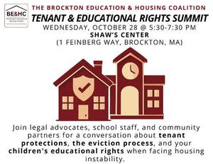 Graphic featuring a school and home for the tenant & educational rights summit on October 28 from 5:30-7:30 pm at the Shaws Center