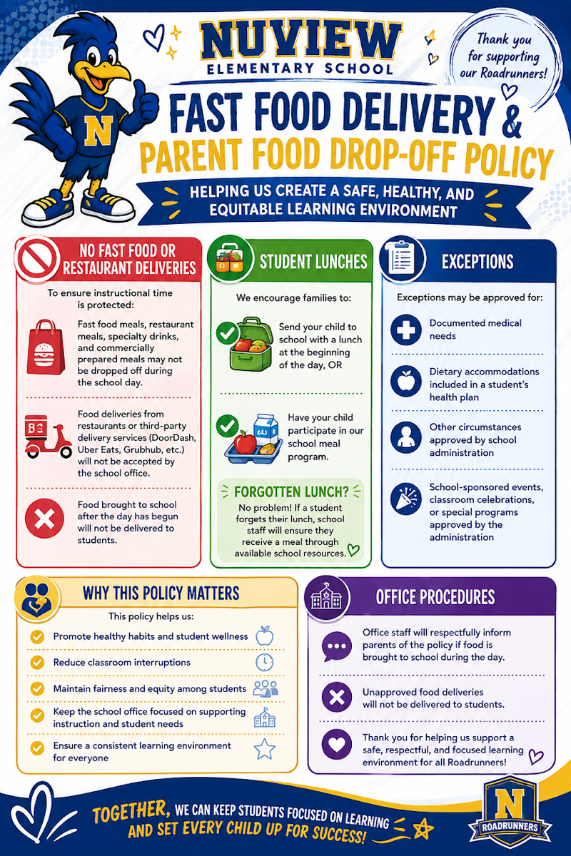 Fast Food Delivery and Parent Food Drop-off Policy flier