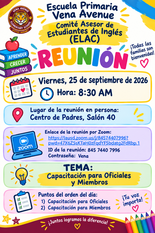 Viernes, 25 de septiembre de 2026, a las 8:30 a. m. en el Centro para Padres (salón 40) y por Zoom.