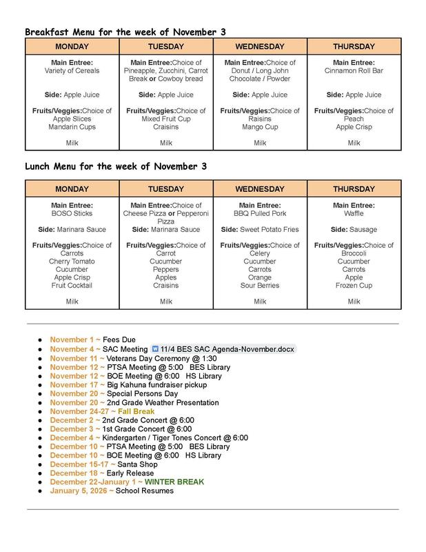 Weekly menu for breakfast and lunch, detailing dishes and sides for each day.