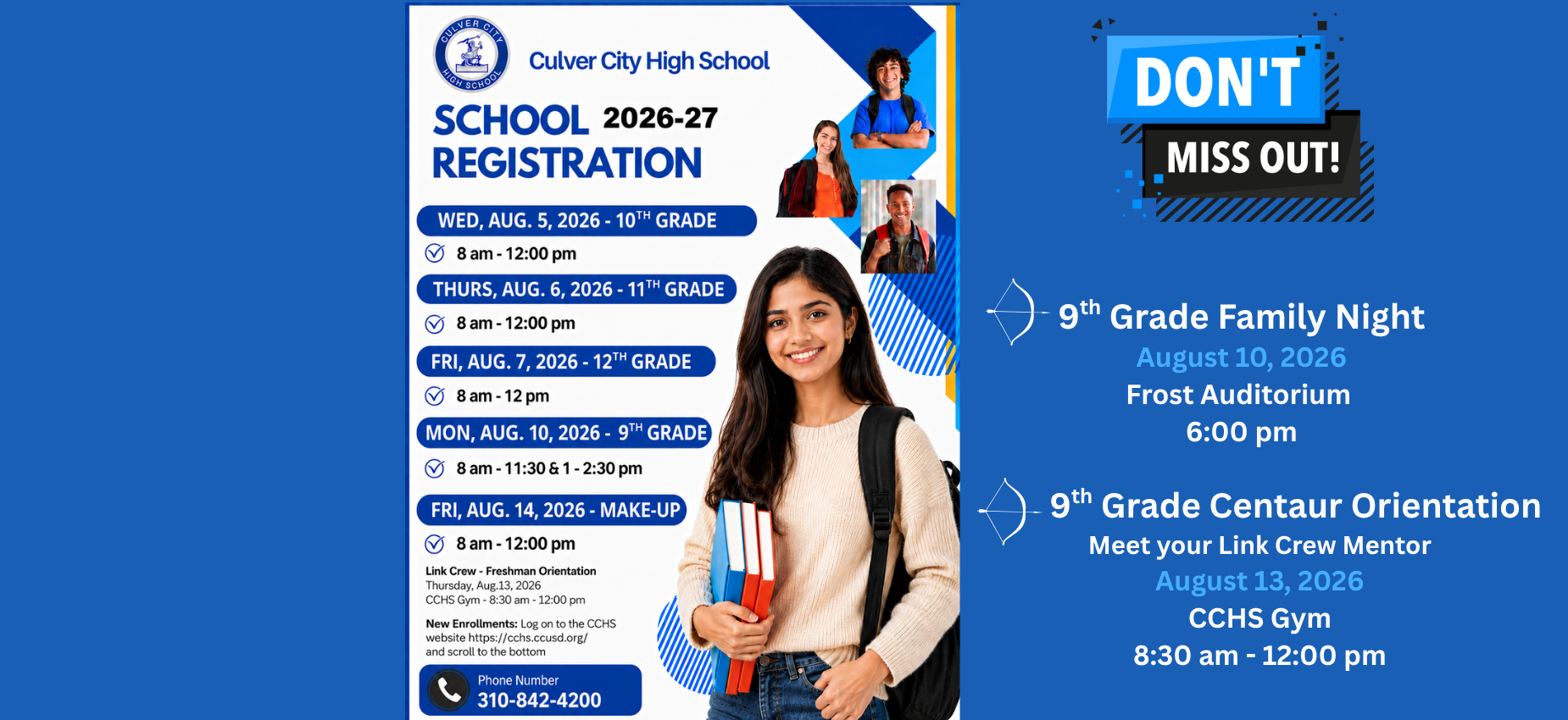 School registration schedule with event details and a smiling student.