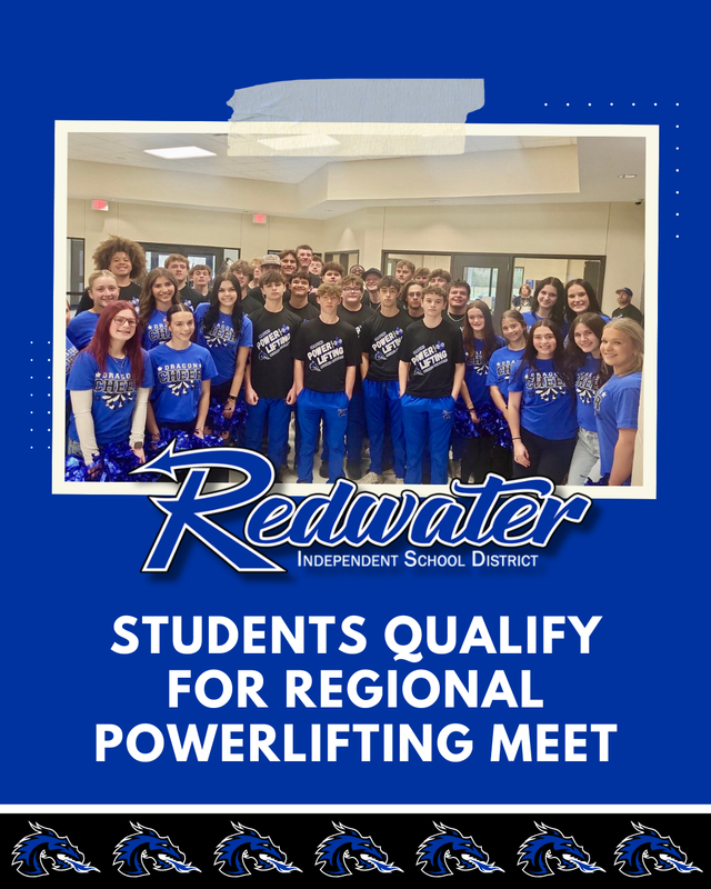 Redwater students qualify for regional powerlifting meet. Group photo is included.