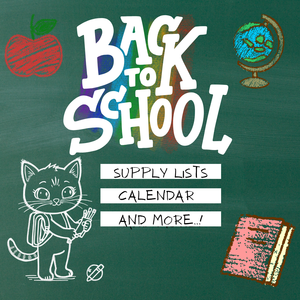 Colorful back to school design with a cat, supplies, and playful elements.