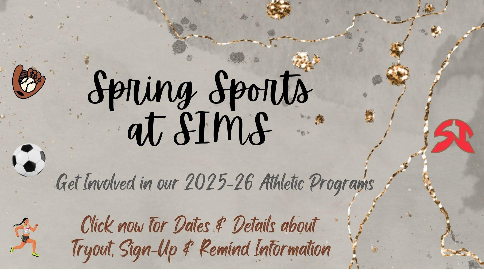 Spring Sports promotion for SIMS with icons for soccer, running, and more.