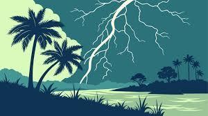 cartoon image of tropical storm with palm trees