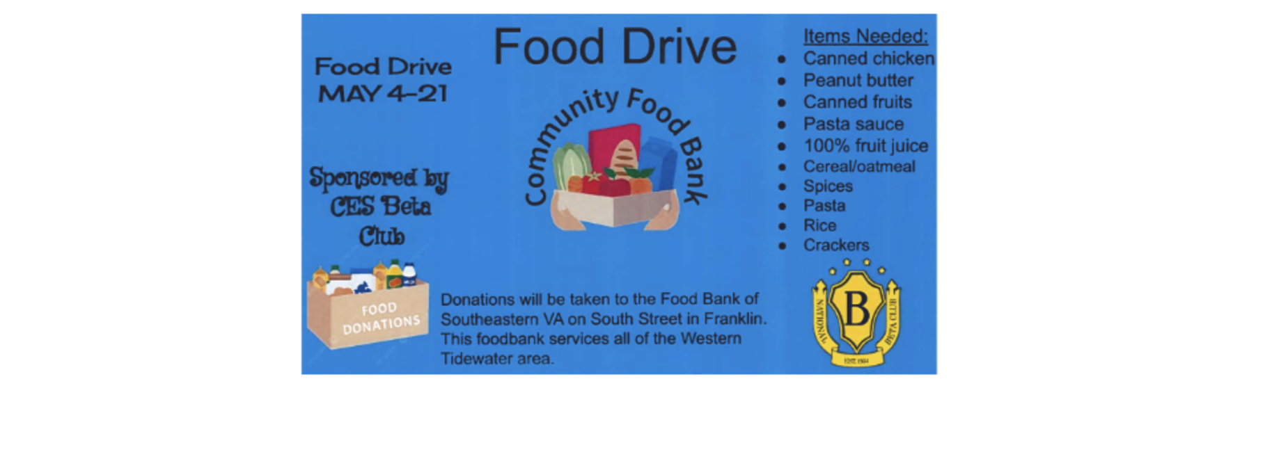 Flyer for a food drive with donation information and item needs.