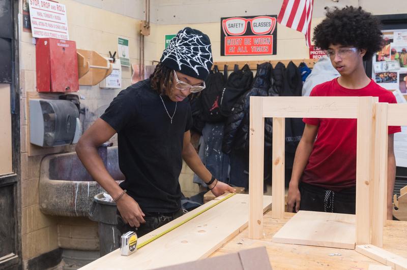 Students work on a carpentry project