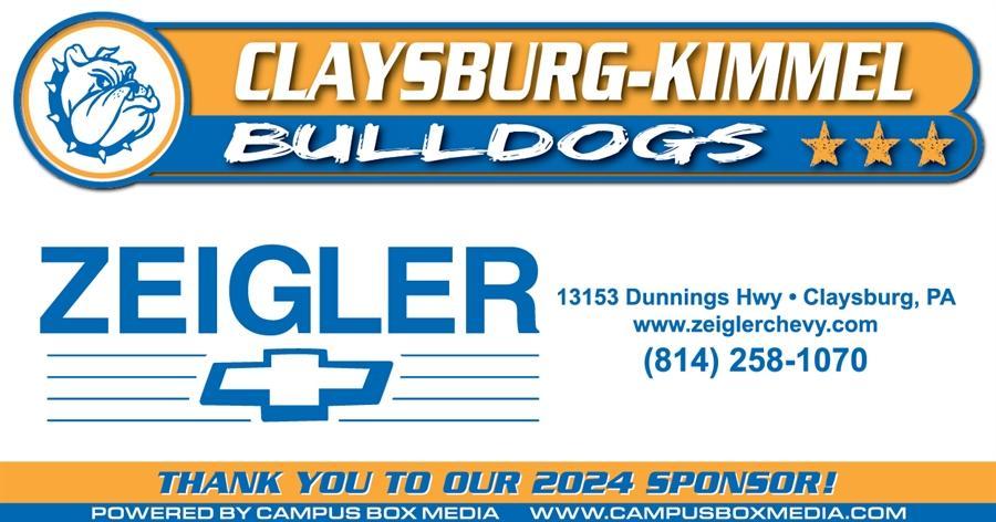 Claysburg-Kimmel Bulldogs sponsorship banner for Zeigler Chevrolet with contact information.