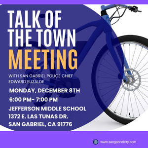 Town meeting poster showcasing a blue bike, time, location, and learning objectives.