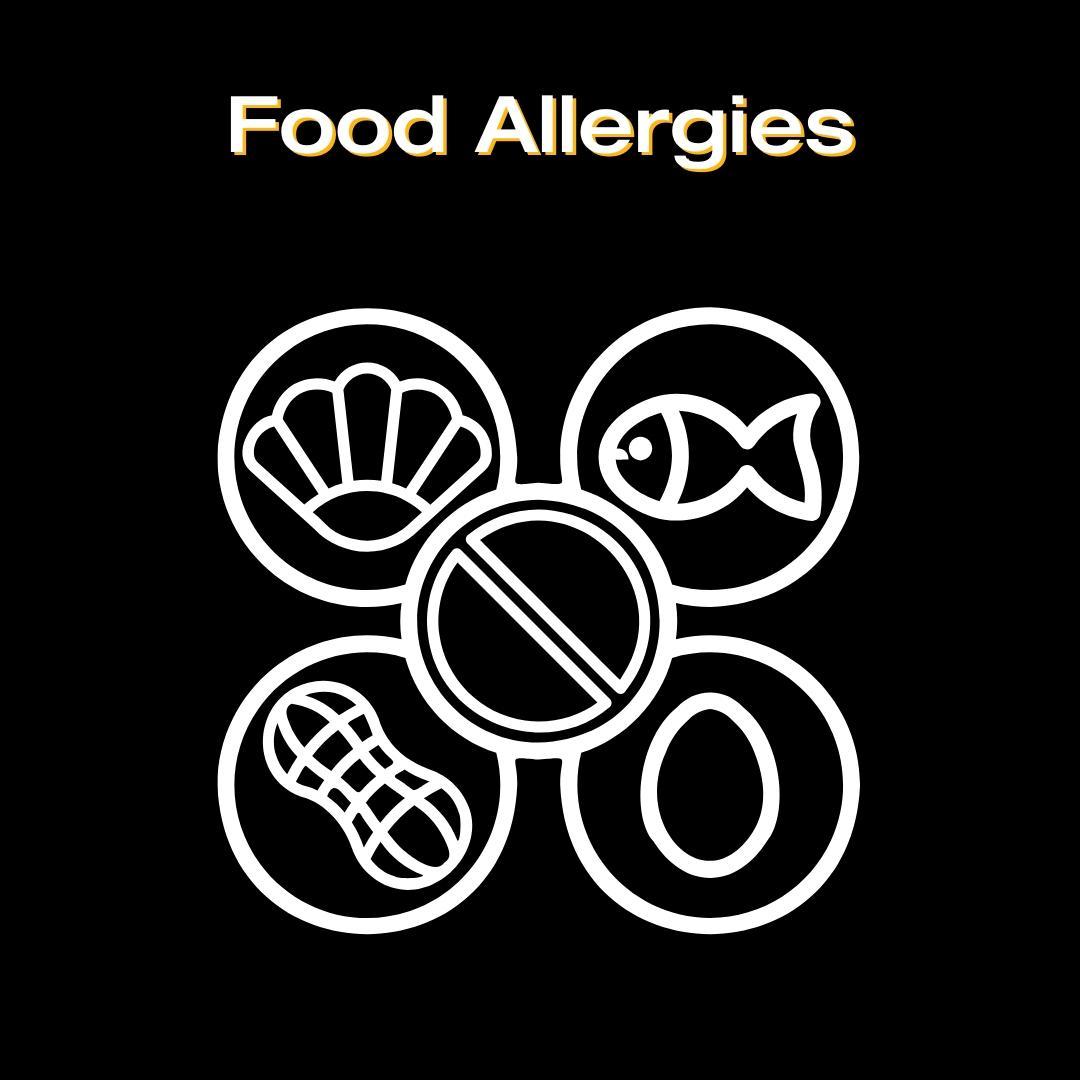 Tile includes the title "Food Allergies" with tiles of Fish, shellfish, nuts, dairy, and other common food allergies.