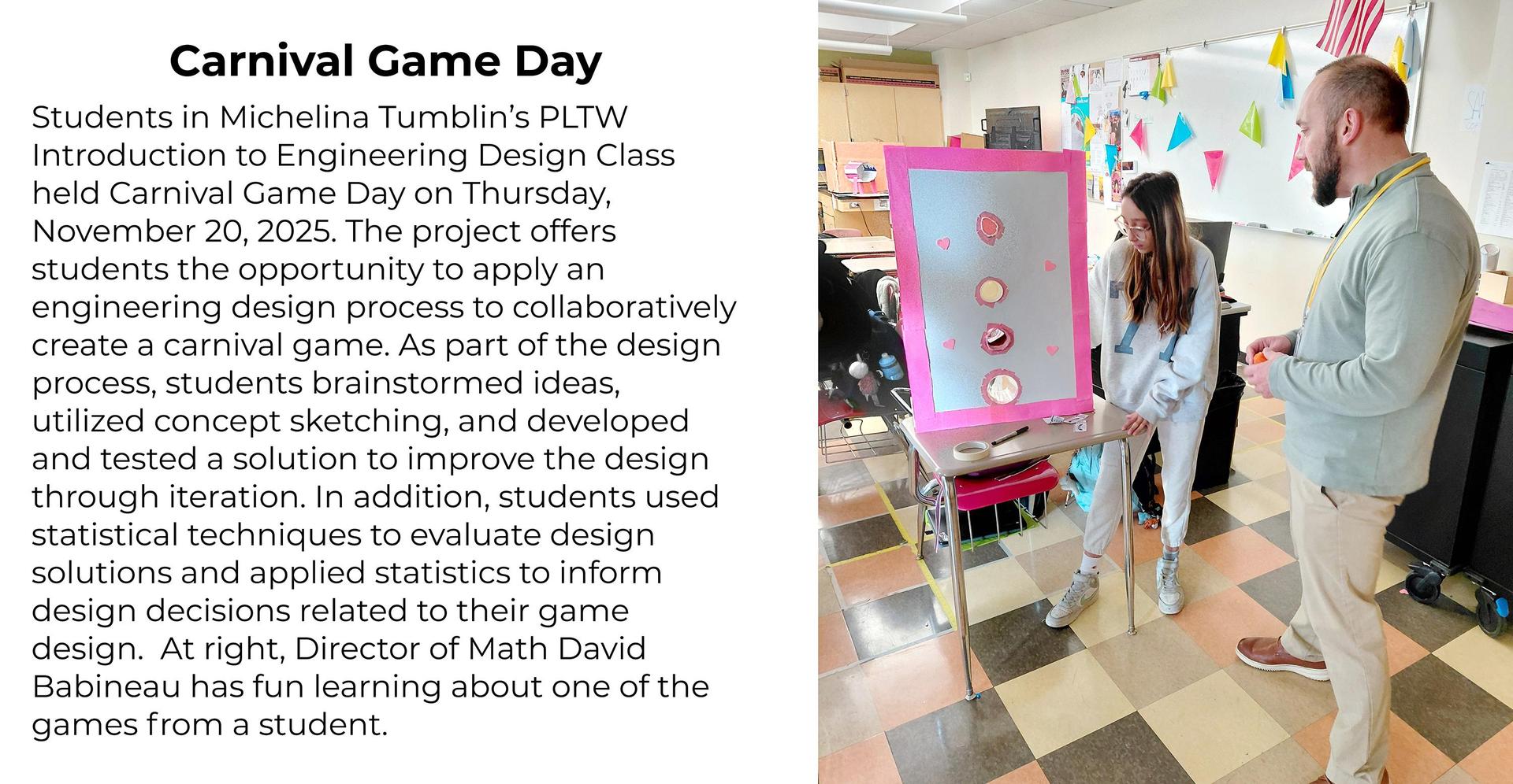 A teacher assists students with a carnival game design project in a colorful classroom.