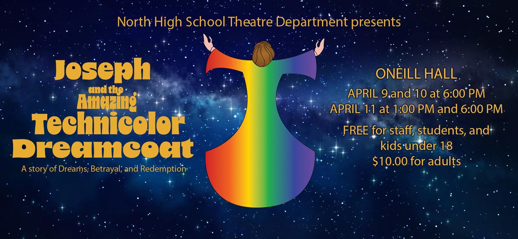 A colorful poster for 'Joseph and the Amazing Technicolor Dreamcoat' theatre event.