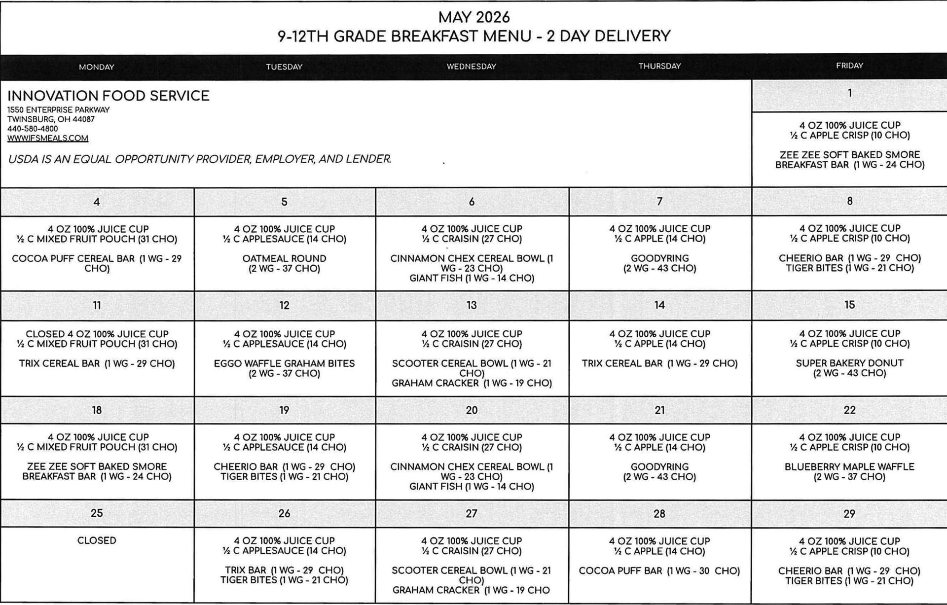 K-8 2 DAY LUNCH MAY2