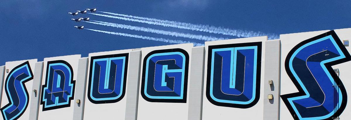 The Blue Angels fighter jets flying over Saugus High School.