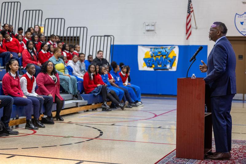 Mayor Brandon Johnson at Holy Family School