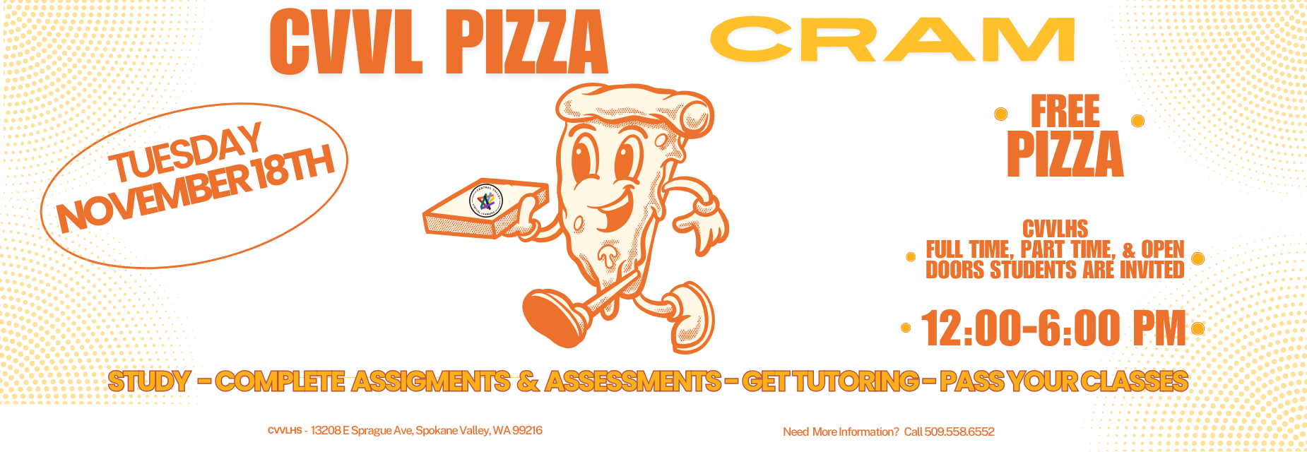 Pizza Cram on Tuesday Nov. 18th from 12 - 6