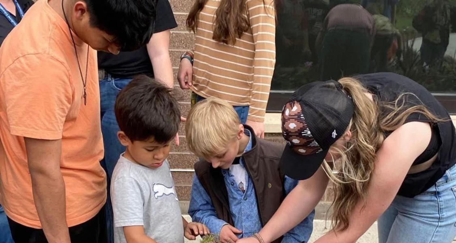 A group of children and adults participating in a gardening activity, planting small plants.