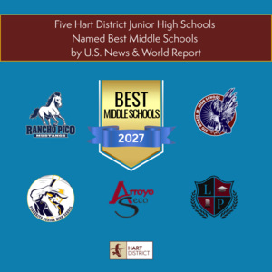 Graphic with 5 school logos and text: Five Hart District Junior High Schools Named Best Middle Schools by U.S. News & World Report