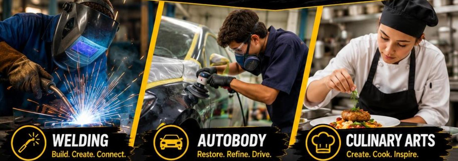 Three panels showcasing welding, autobody repair, and culinary arts.