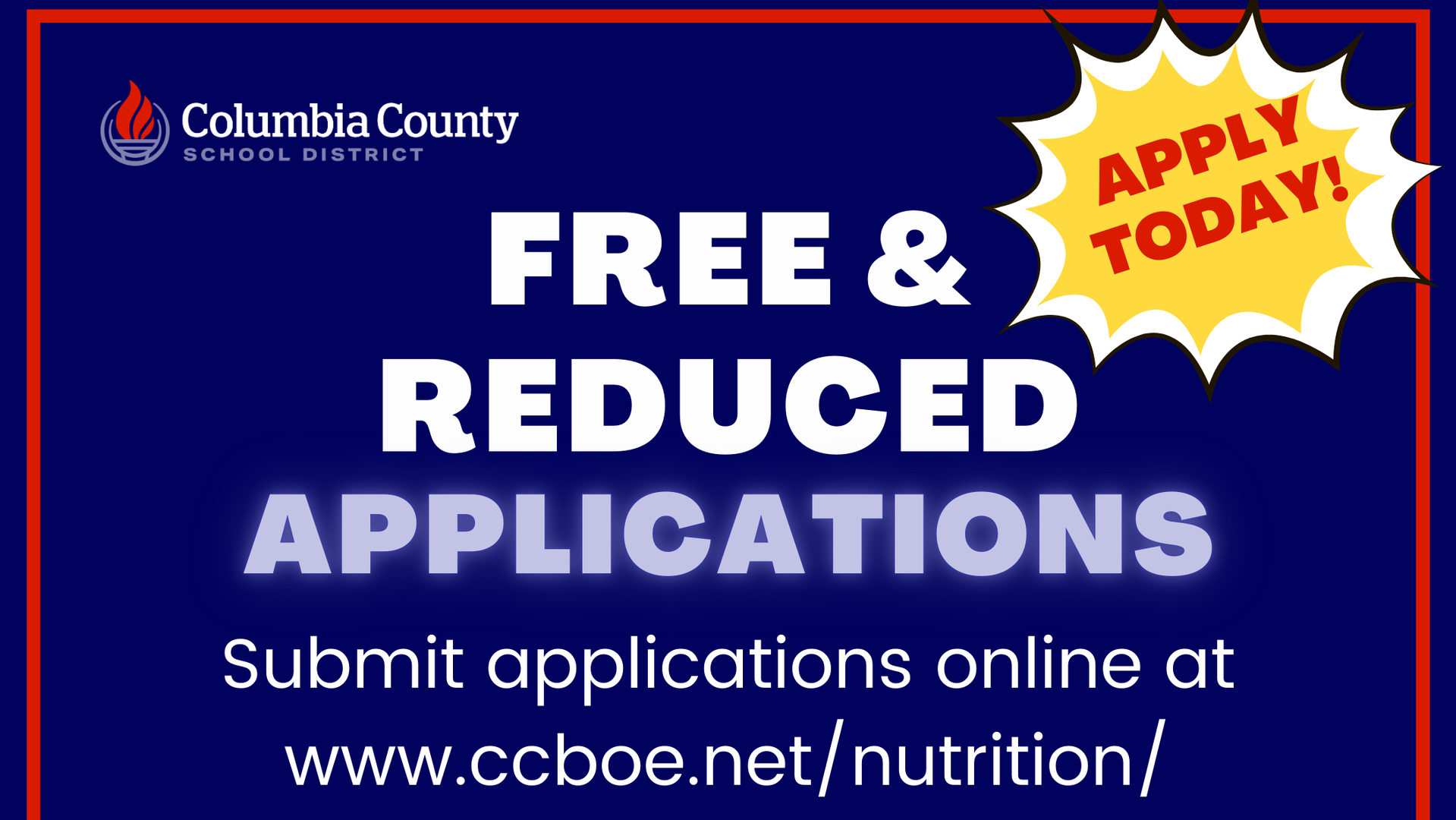 Call to action for submitting free and reduced applications online with cheerful children.