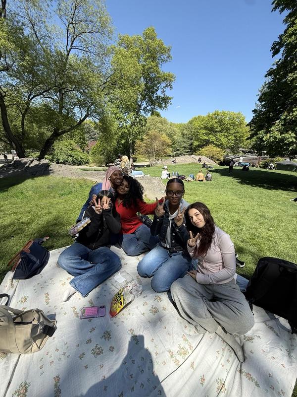 Four friends sitting on a blanket, posing in a sunny park setting.