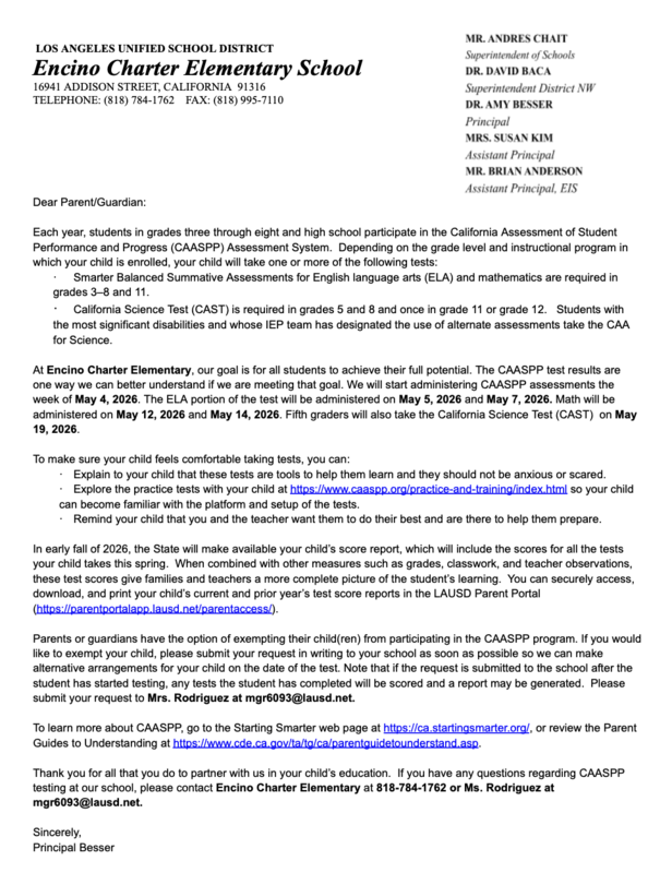 CAASPP SBA and CAST Letter