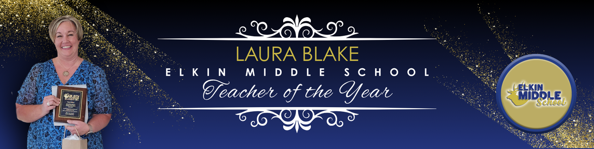 Shuffle Image: Blue background with a picture of Laura Blake - EMS Teacher of the Year