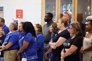 Rockvale Middle School celebrates new hygiene vending machine for students.