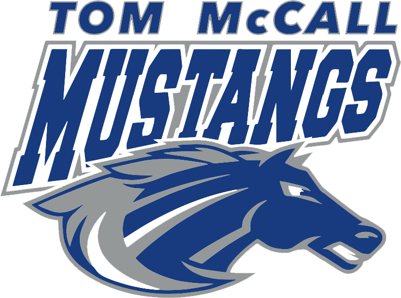 Blue and light gray Tom McCall mustangs logo with horse head looking to the right