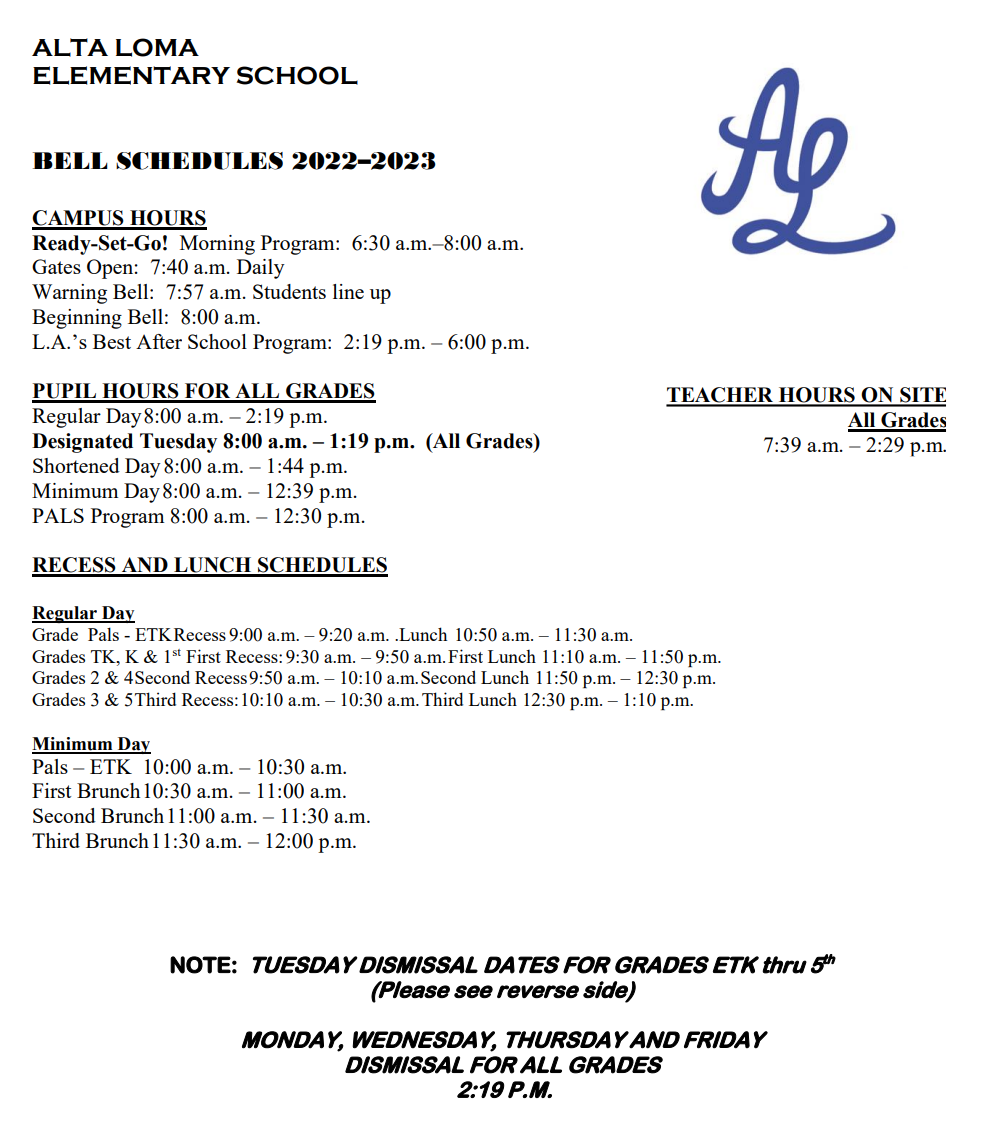 Bell Schedule About Us Alta Loma Elementary & Spanish Dual Language